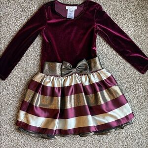 Bonnie Jean Burgundy and Gold Striped Dress with Bow